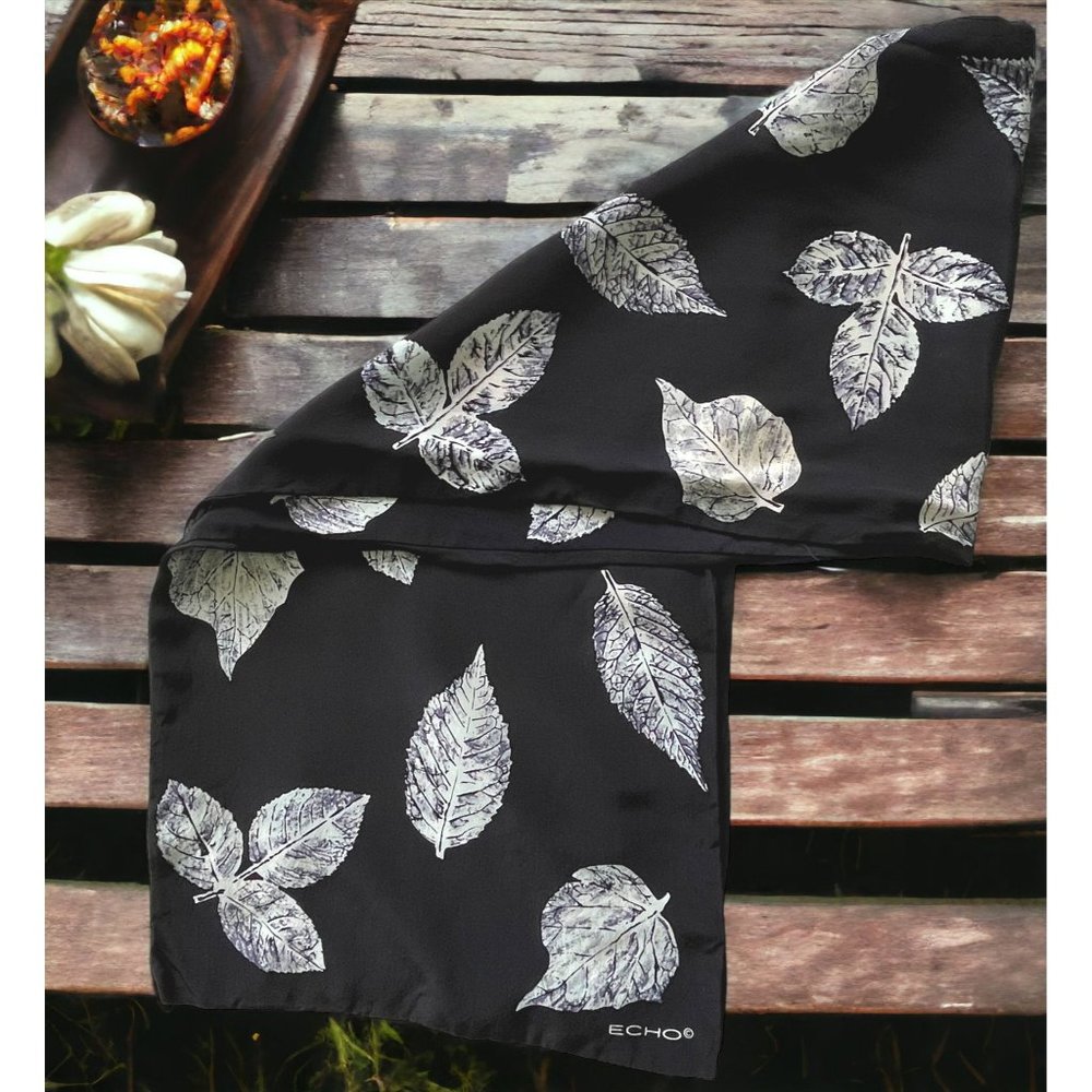 Black Echo Scarf Fall Leaves Autumn Leaf Print Vintage Oblong 48x10 Rayon